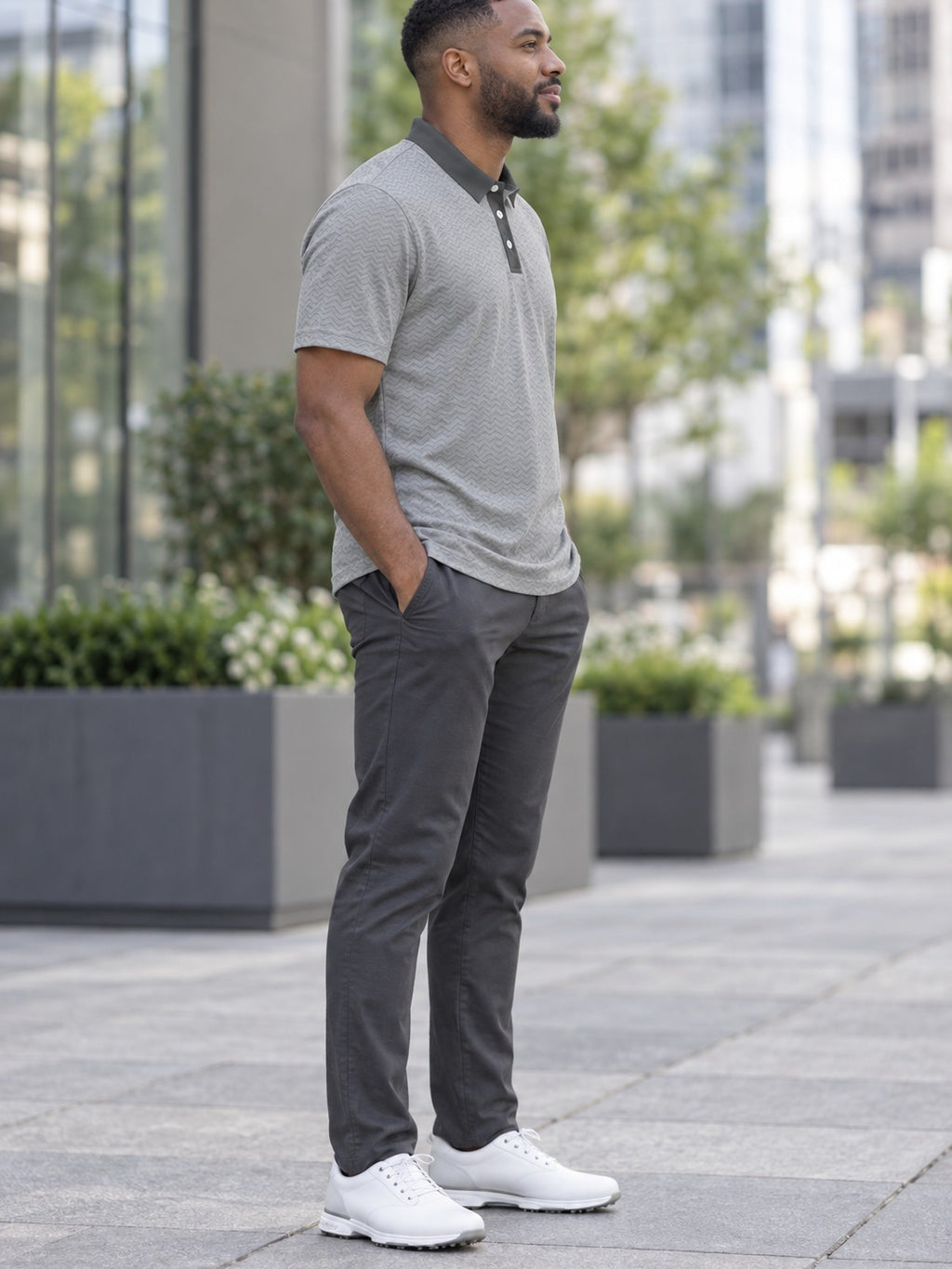 Classic Grey Polo Shirt — Men's Casual Collared Tee – lifestyle, side view