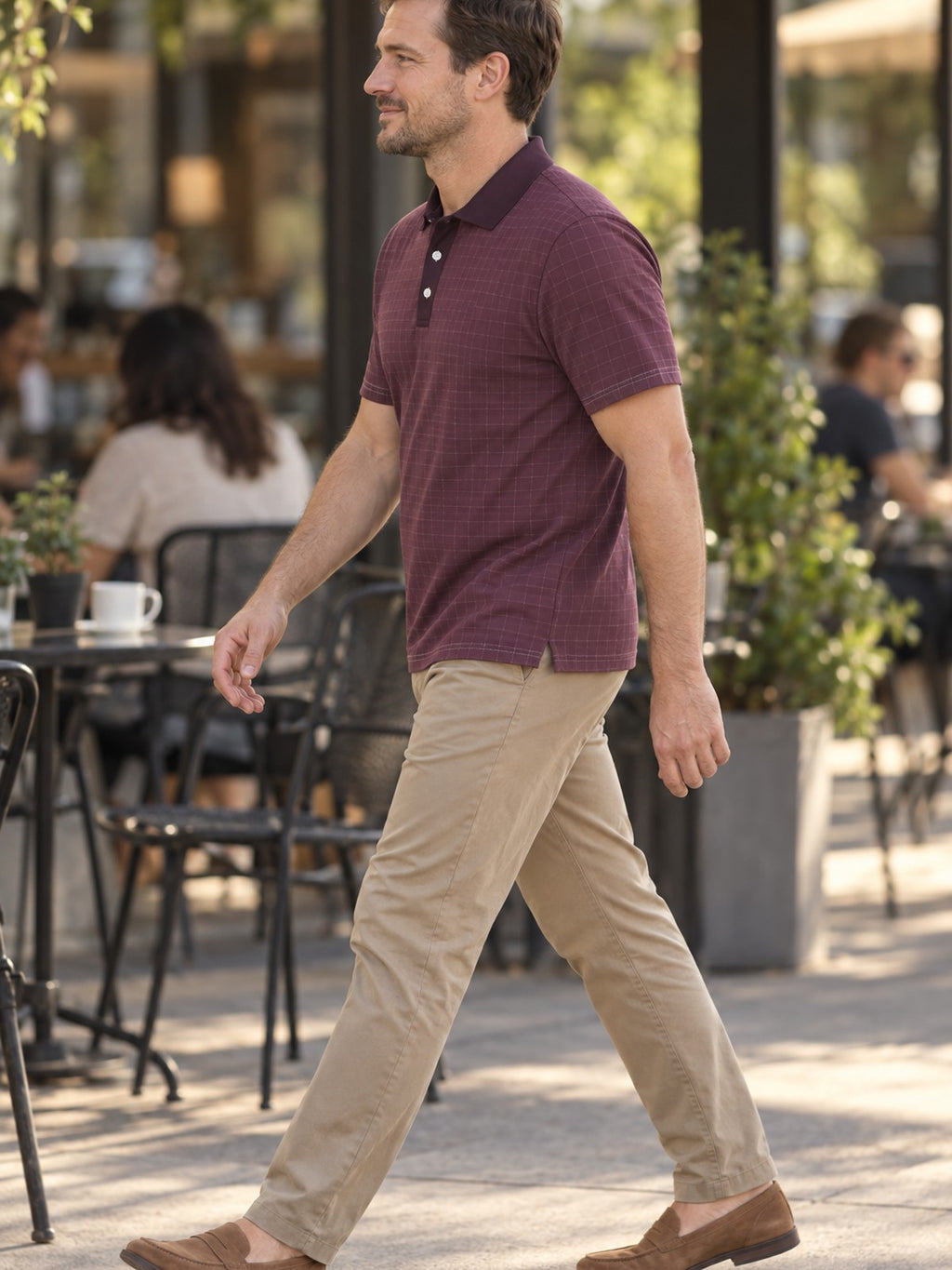 Classic Maroon Polo Shirt — Men's Casual Collared Shirt – lifestyle, side view