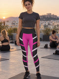 Woman wearing the Neon Fusion Hex High-Waisted Yoga Leggings with the Vantacore V emblem on the hip – front view