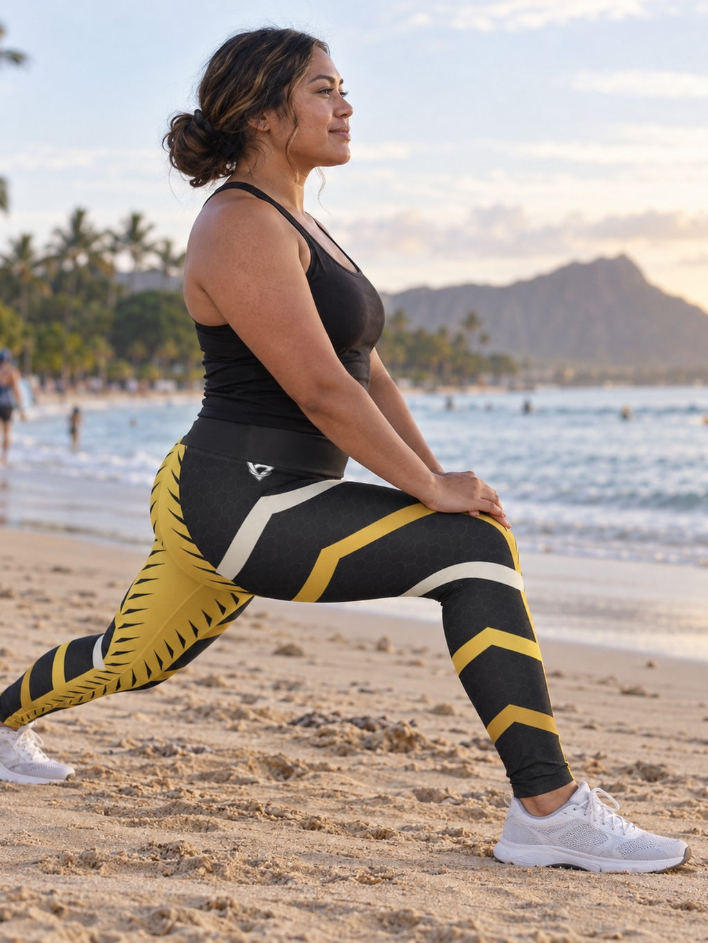 Woman wearing the Golden Apex High-Waisted Yoga Leggings with the Vantacore V emblem on the hip – side view