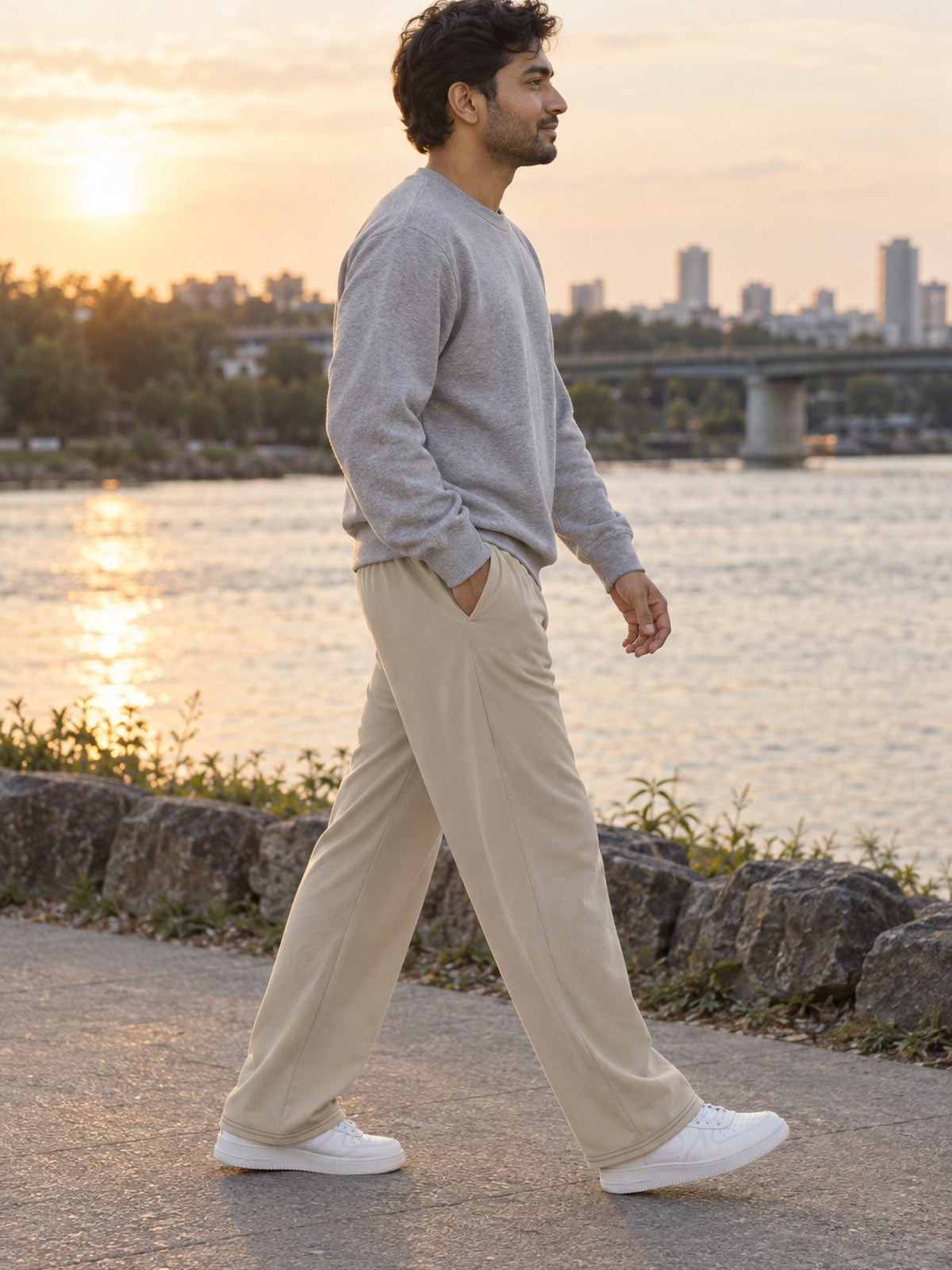 VantaCore Stone Unisex Wide-Leg Lounge Pants in stone beige – side view