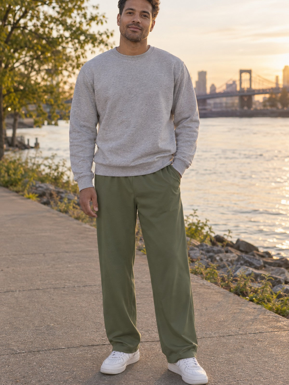 VANTACORE Olive Wide-Leg Lounge Pants in olive green – front