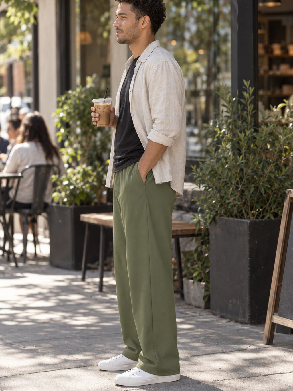 VANTACORE Olive Wide-Leg Lounge Pants in olive green – side view