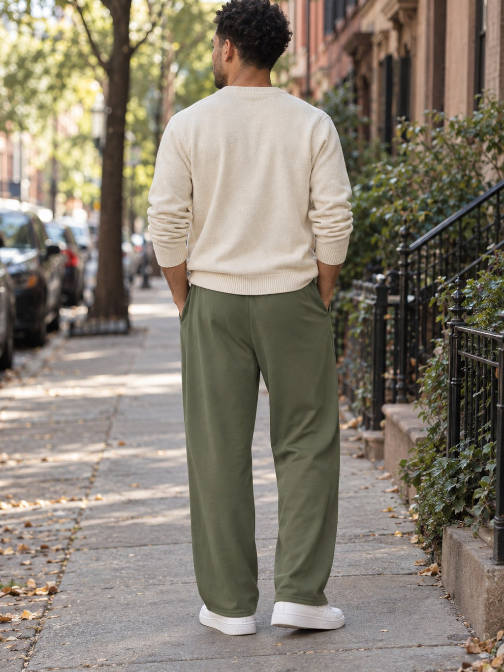 VANTACORE Olive Wide-Leg Lounge Pants in olive green – back view