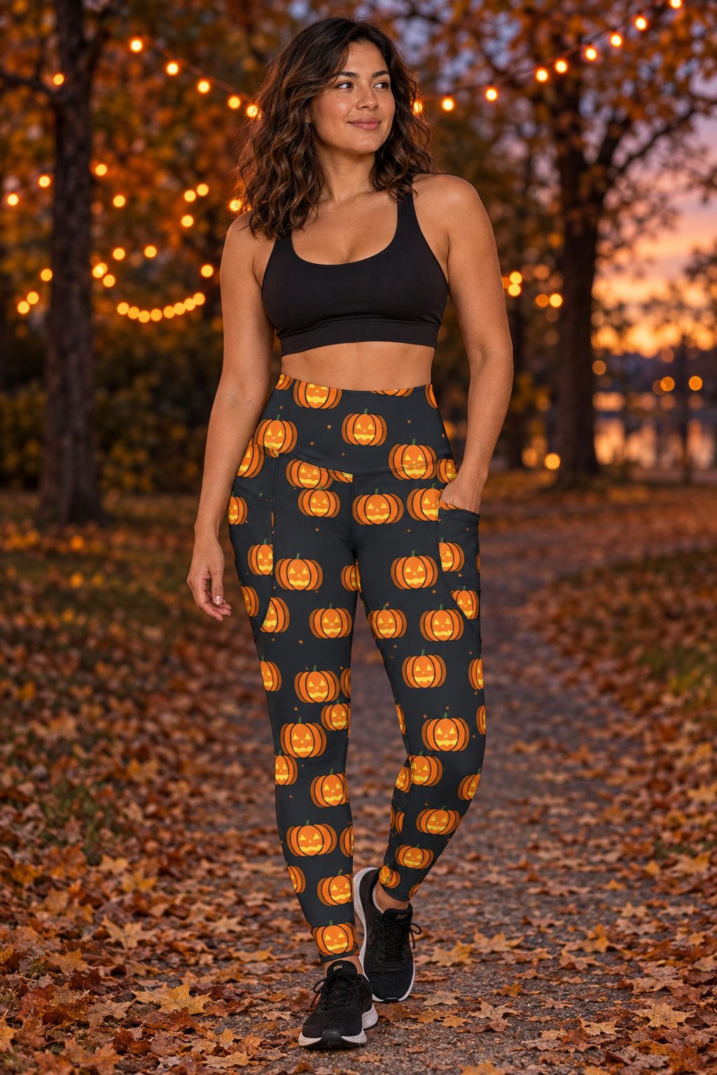 Halloween Graveyard Grey Jack-O'-Lantern leggings with pockets worn on a model