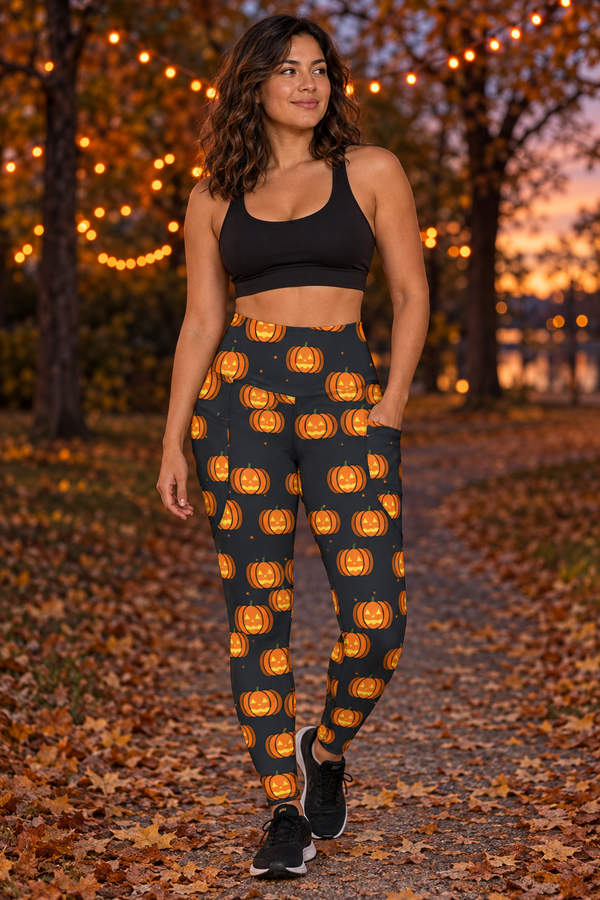 Halloween Graveyard Grey Jack-O'-Lantern | Leggings with Pockets