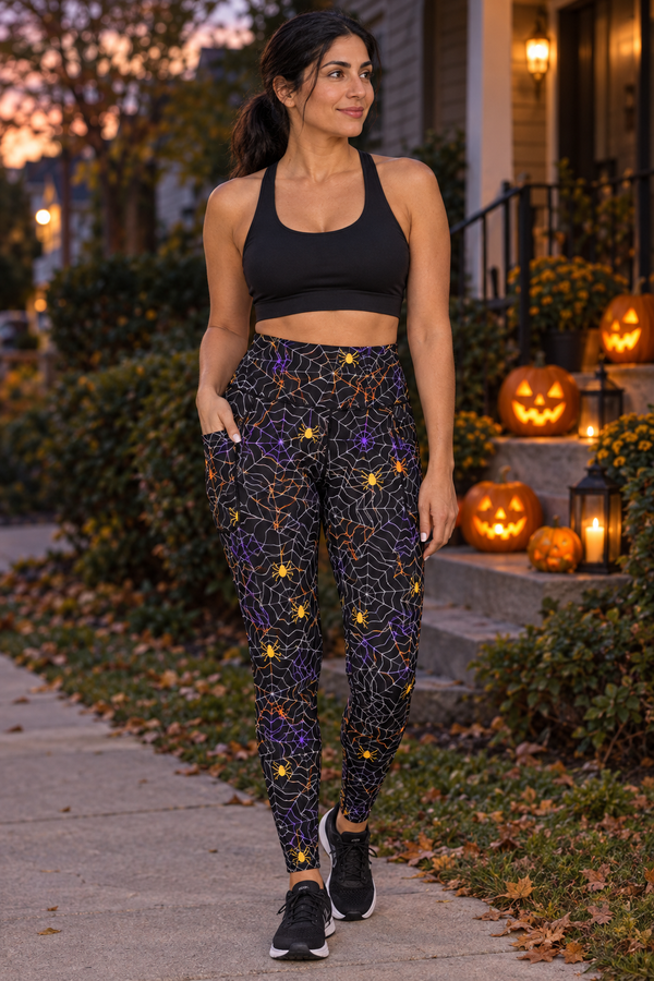 Halloween Midnight Pumpkin Spiderweb | Leggings with Pockets