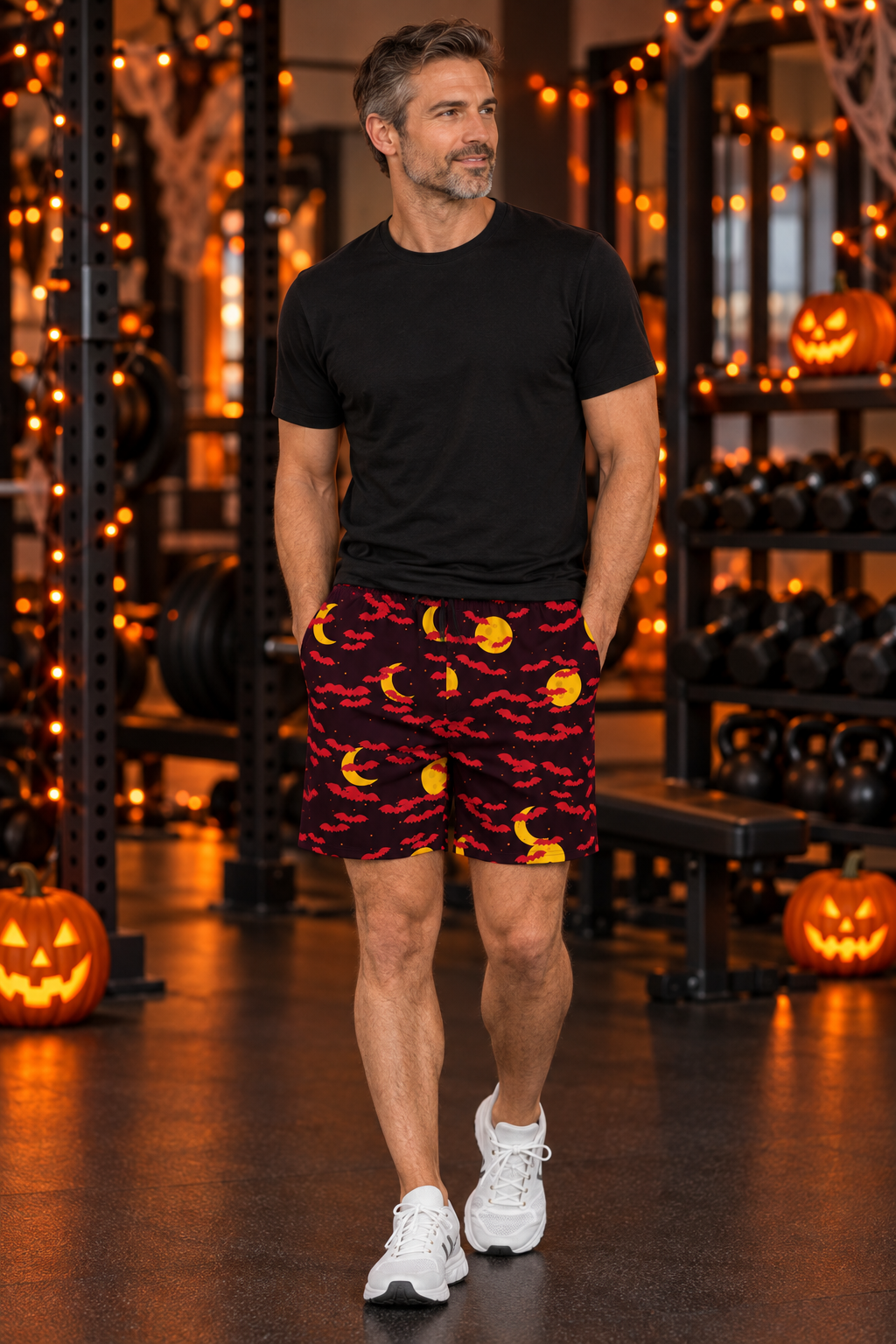 Men's Halloween Blood Moon Bat Swarm athletic multipurpose shorts worn on a model