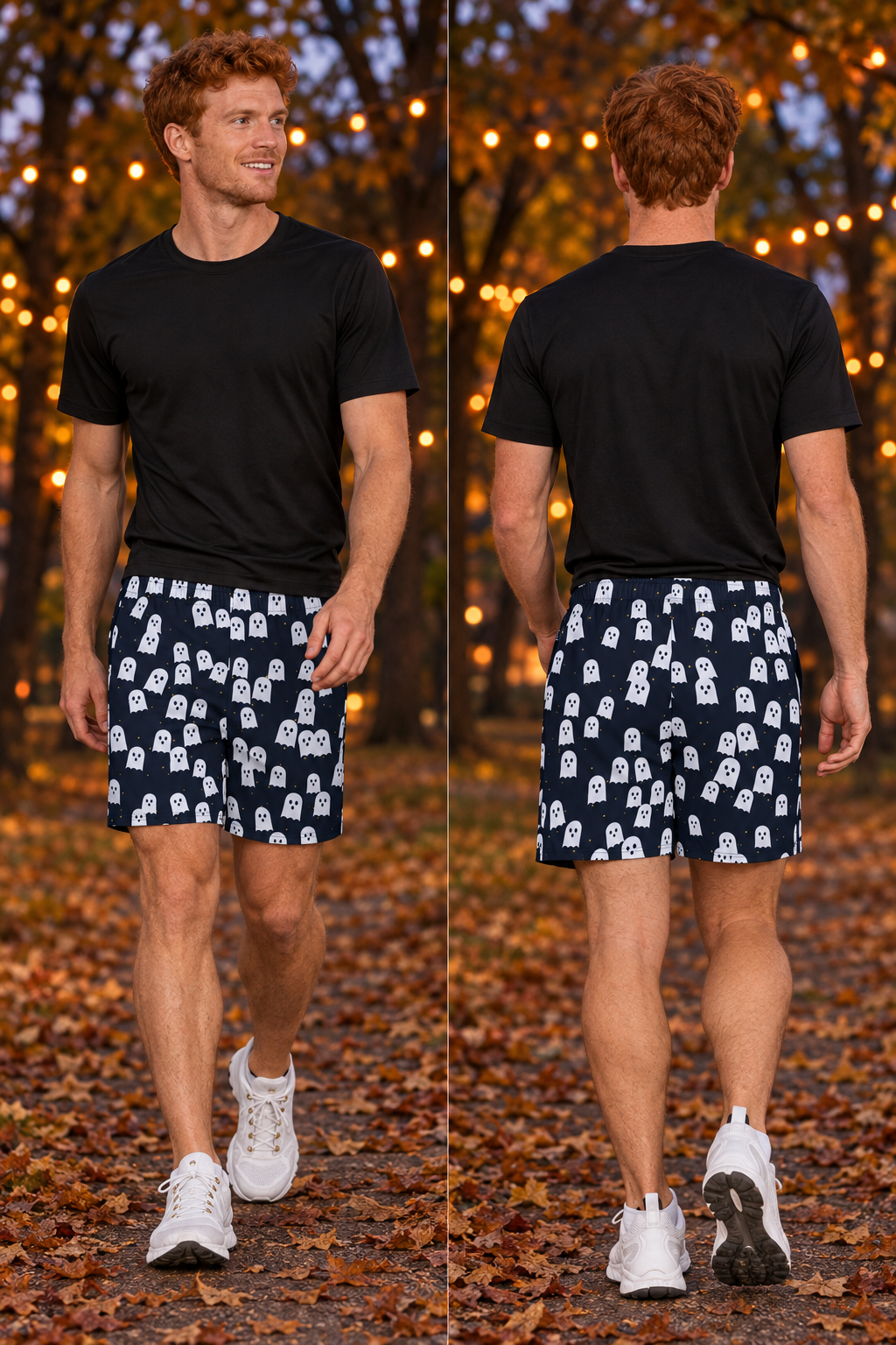 Men's Halloween Ghostly Night Ghost Parade athletic multipurpose shorts worn on a model