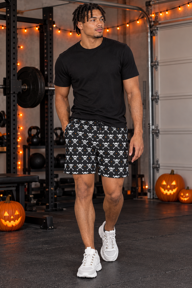 Men's Halloween Graveyard Grey Skull & Crossbones Athletic Multipurpose Shorts