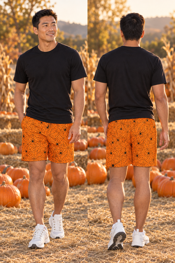 Men's Halloween Pumpkin Orange Spiderweb Athletic Multipurpose Shorts