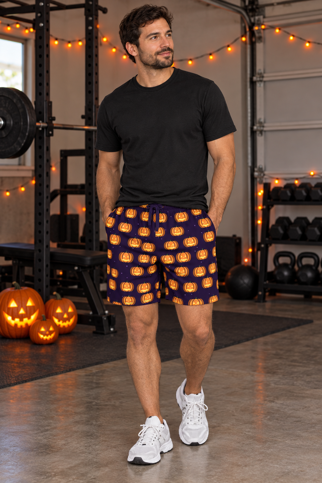 Men's Halloween Witching Purple Jack-O'-Lantern athletic multipurpose shorts worn on a model