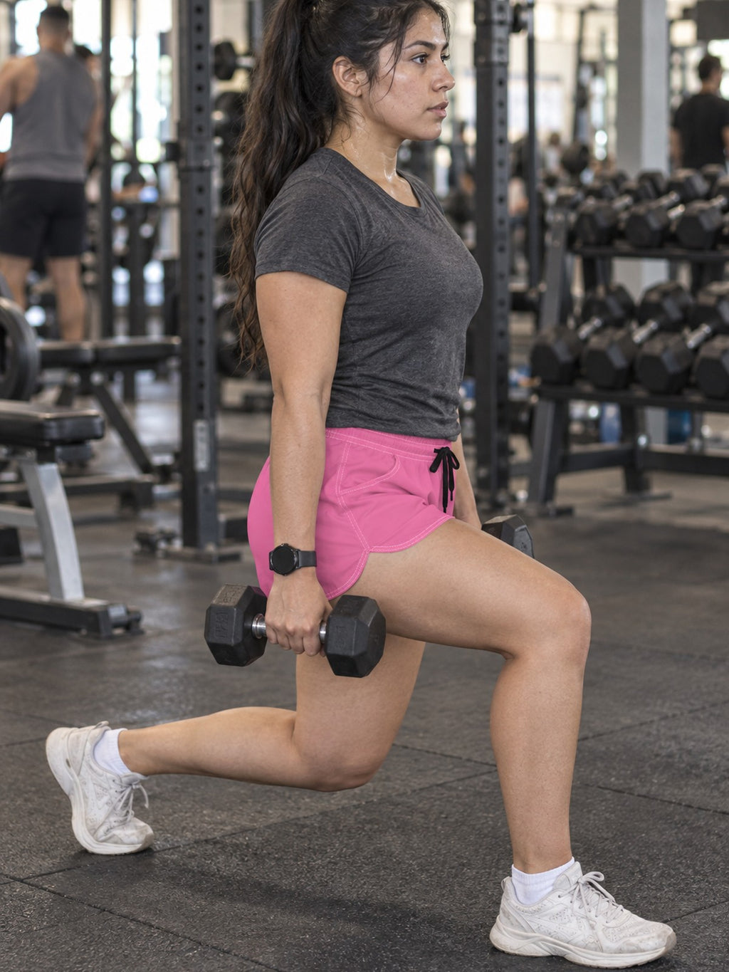 Women's Multipurpose Athletic Shorts with Pockets | Neon Pink – gym training, side view