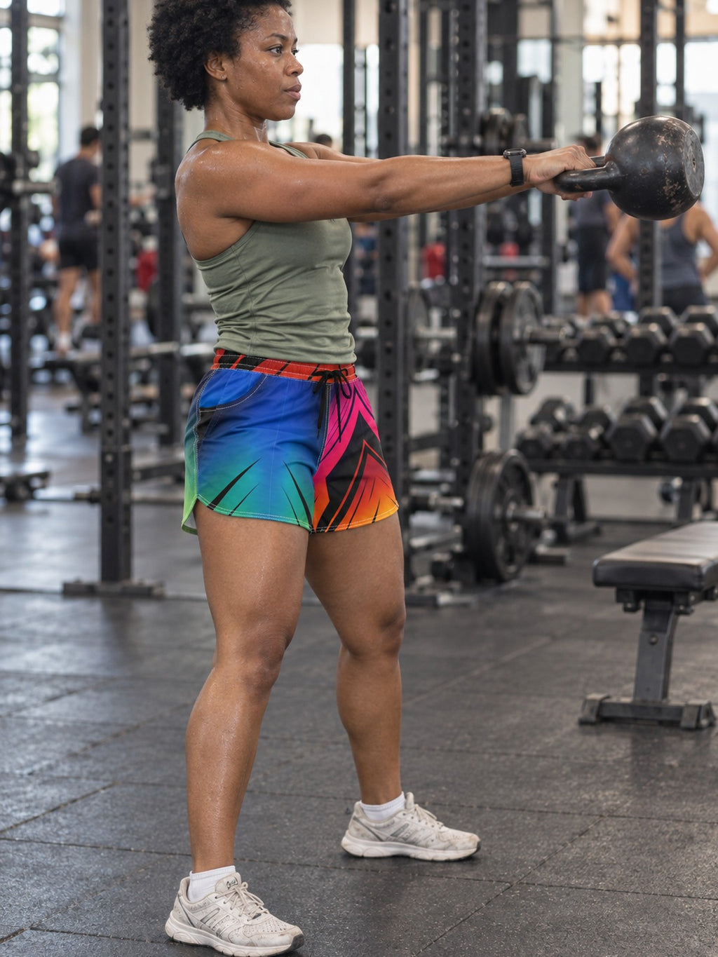 Women's Multipurpose Athletic Shorts with Pockets | Rainbow Geometric – gym training, side view