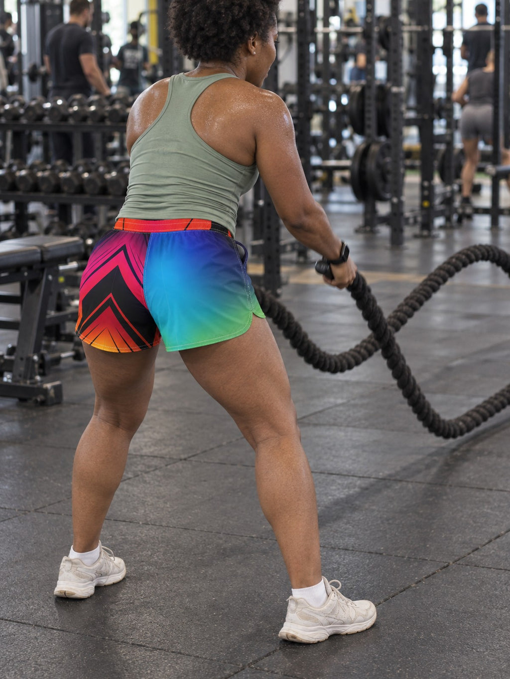 Women's Multipurpose Athletic Shorts with Pockets | Rainbow Geometric – gym training, rear view