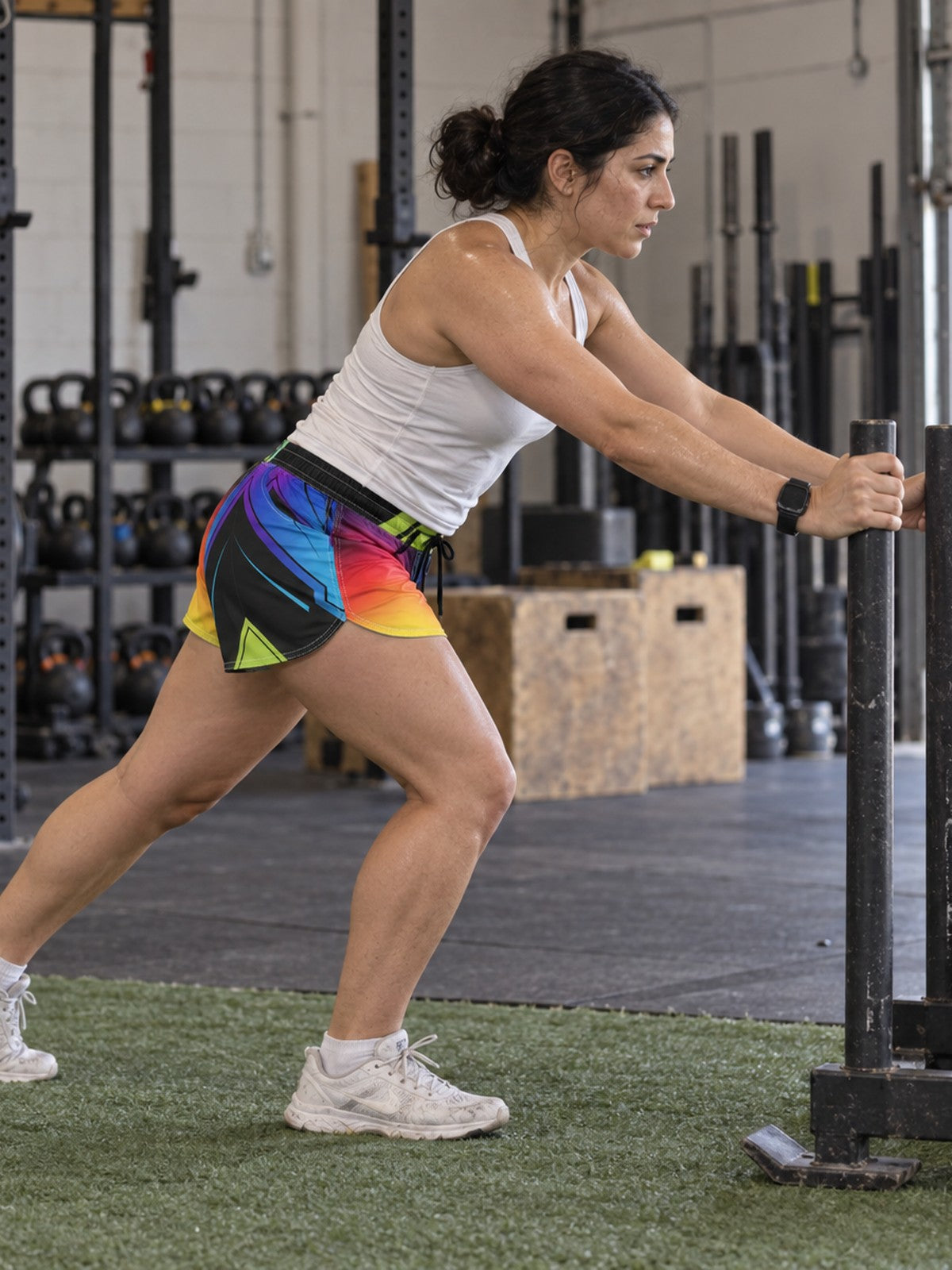 Women's Multipurpose Athletic Shorts with Pockets | Neon Rainbow Geometric – gym training, side view