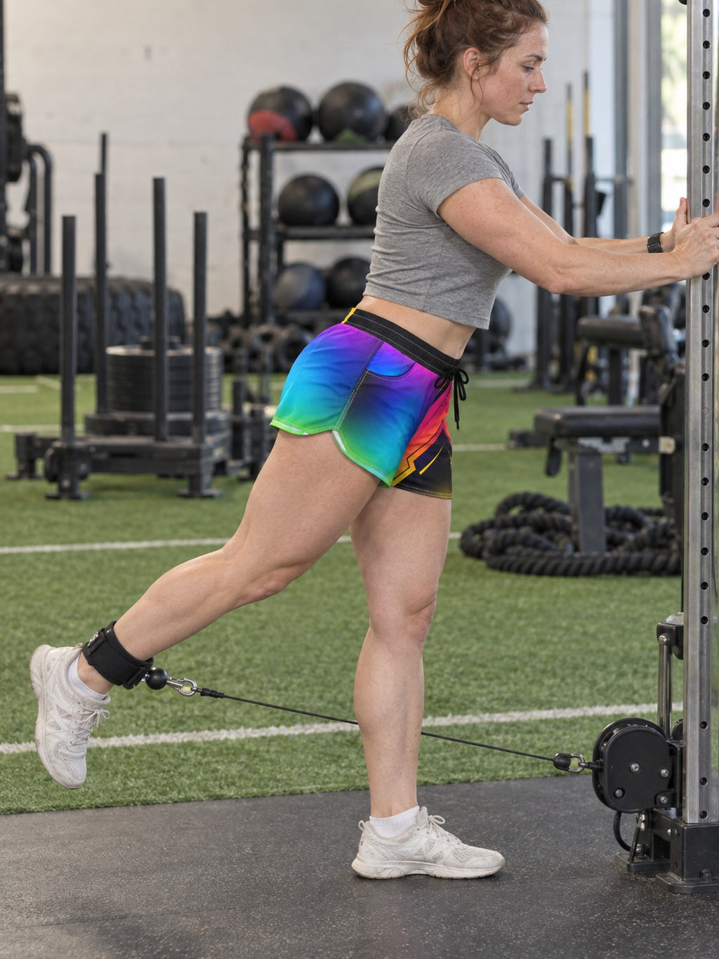 Women's Multipurpose Athletic Shorts with Pockets | Neon Rainbow Gradient – gym training, side view