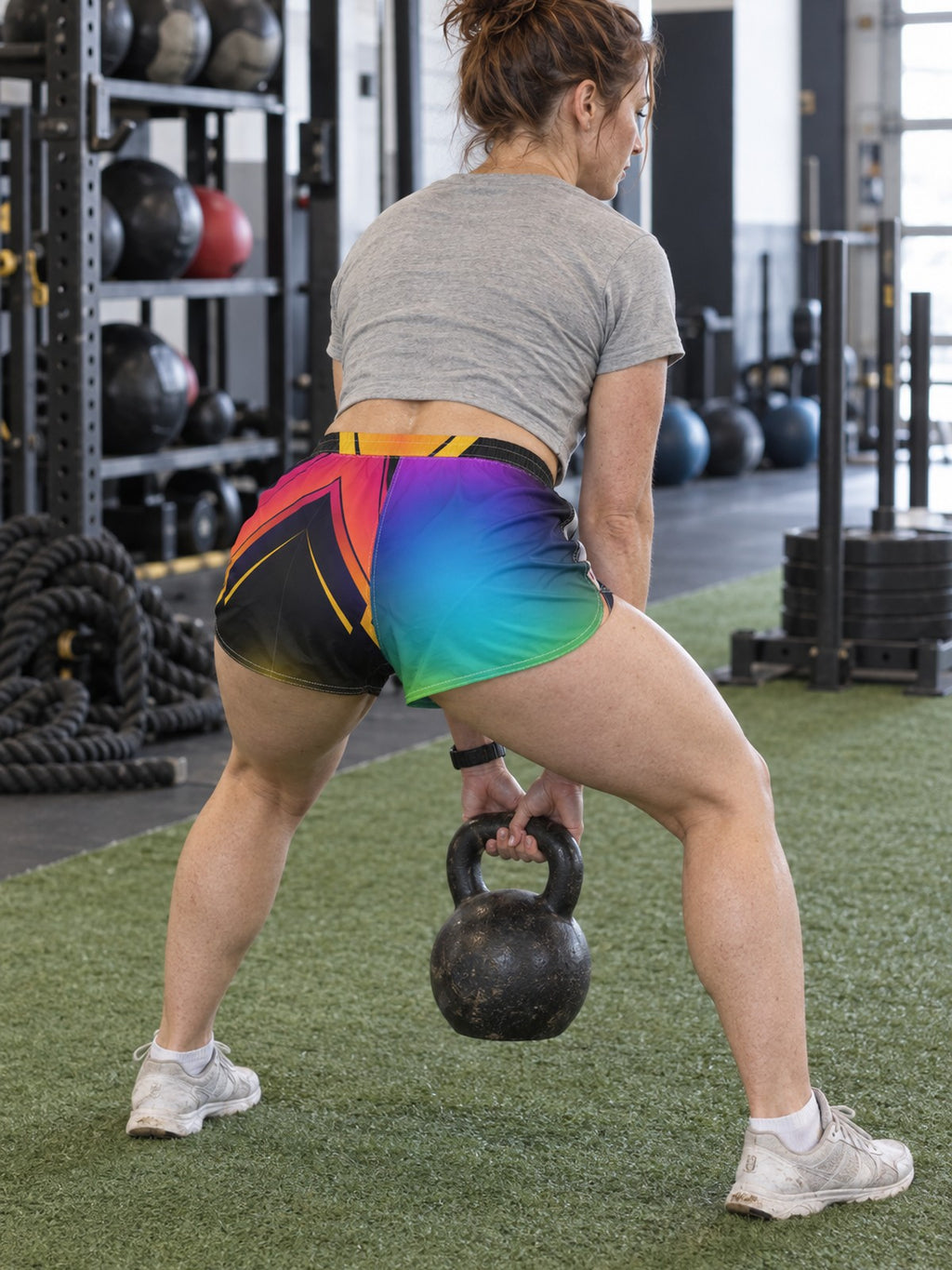 Women's Multipurpose Athletic Shorts with Pockets | Neon Rainbow Gradient – gym training, rear view