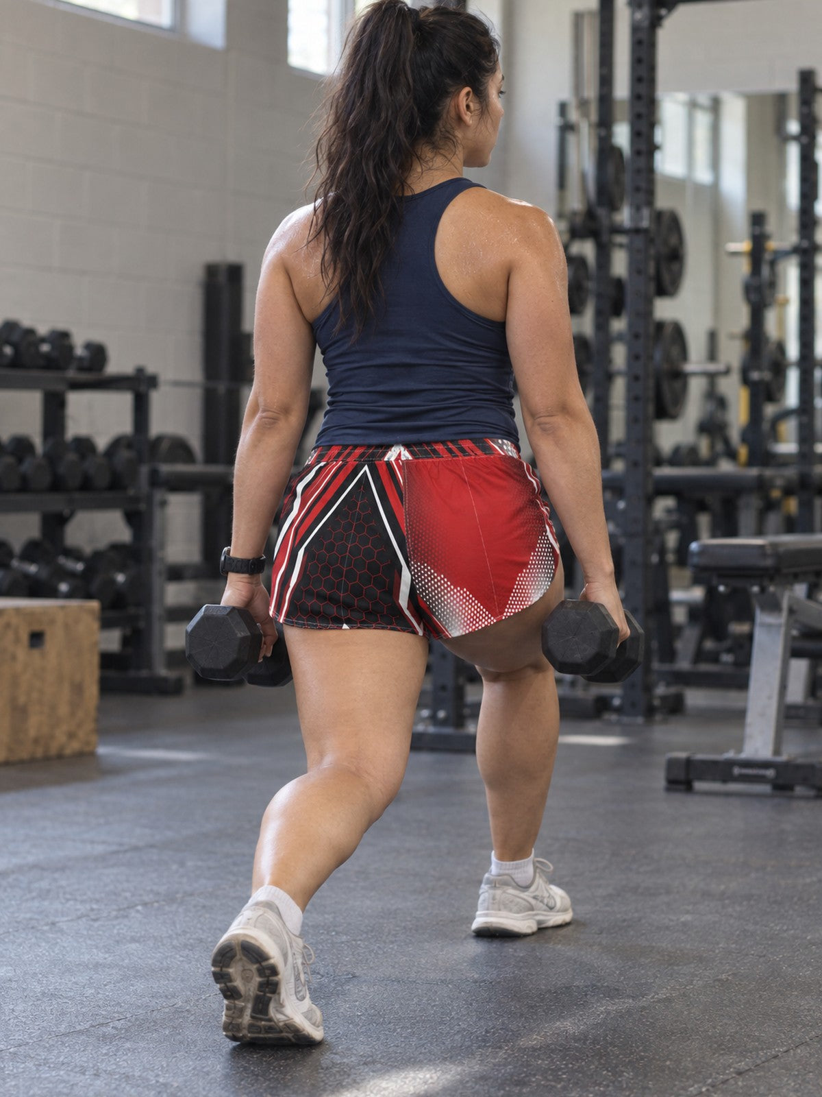 Women's Multipurpose Athletic Shorts with Pockets | Red & Black Crimson Streak – gym training, rear view