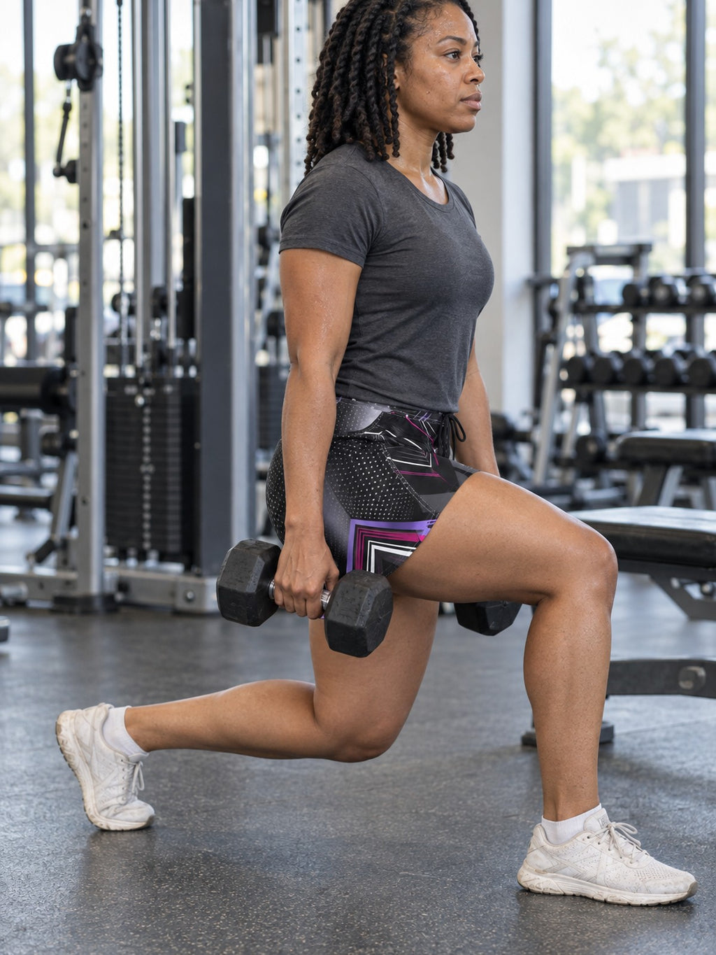 Women's Multipurpose Athletic Shorts with Pockets – Shadow Prism Black, Purple & Pink – gym training, side view