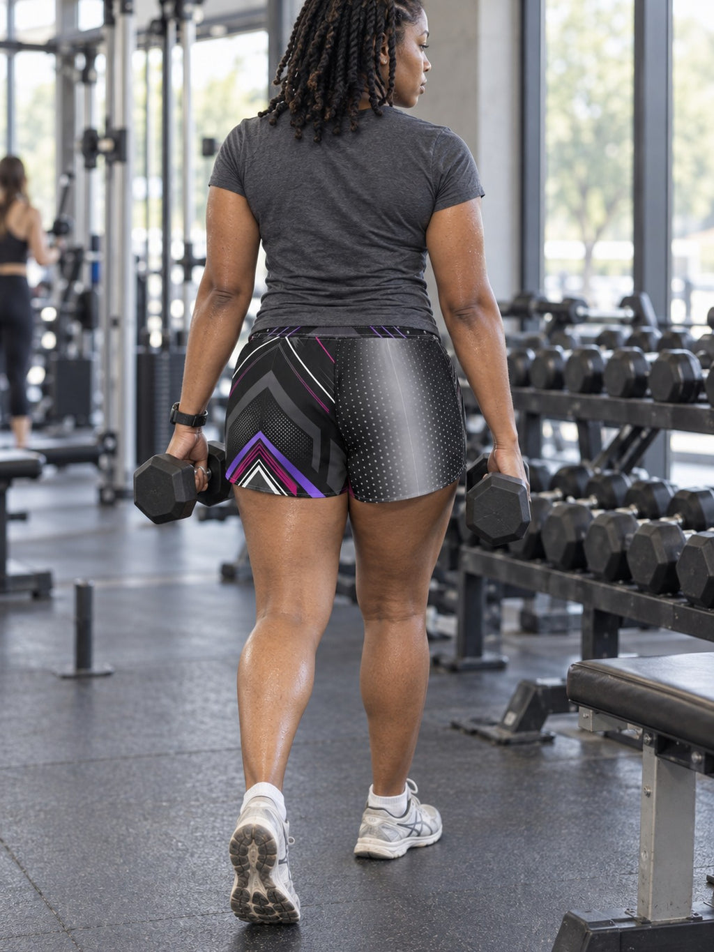 Women's Multipurpose Athletic Shorts with Pockets – Shadow Prism Black, Purple & Pink – gym training, rear view