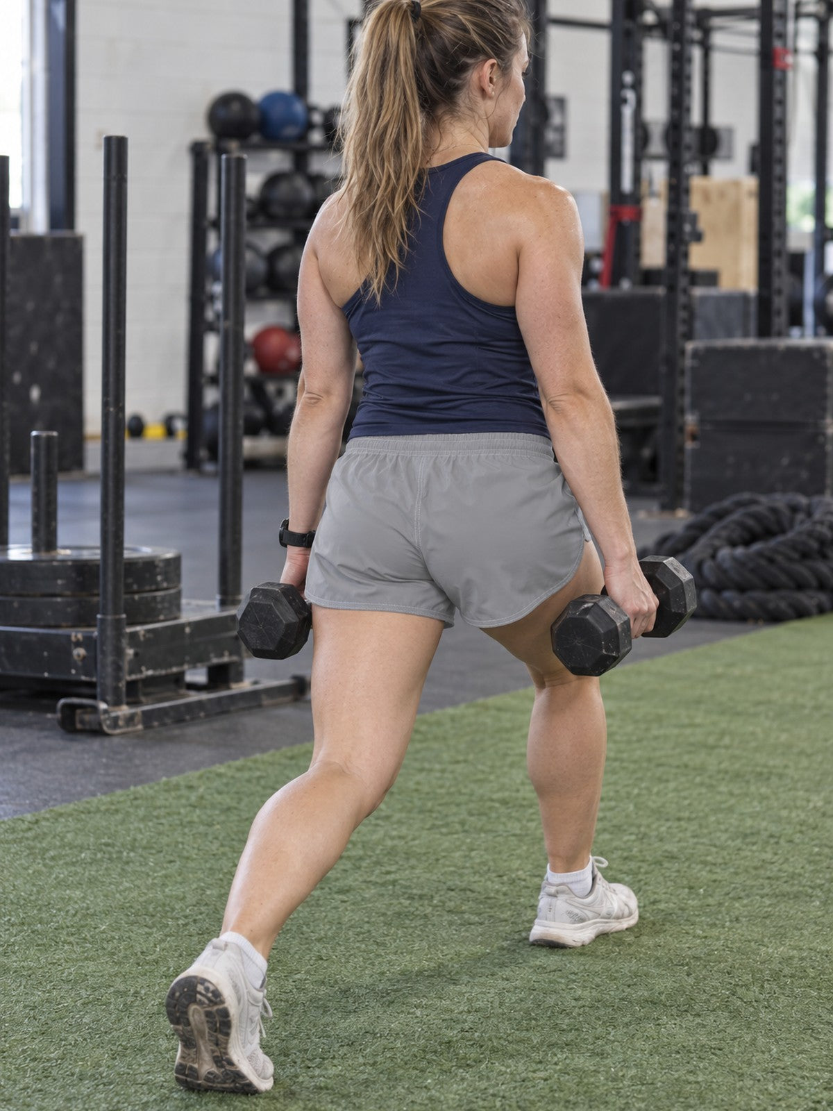 Women's Multipurpose Athletic Shorts with Pockets – Ash Gray – gym training, rear view