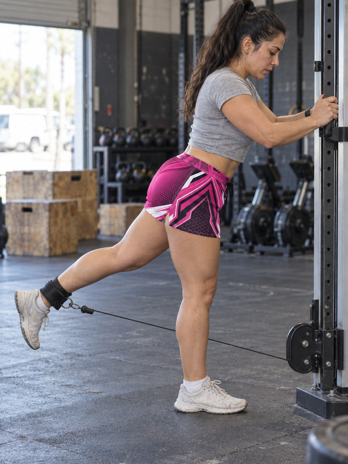 Women's Multipurpose Athletic Shorts with Pockets | Magenta Streak – gym training, side view