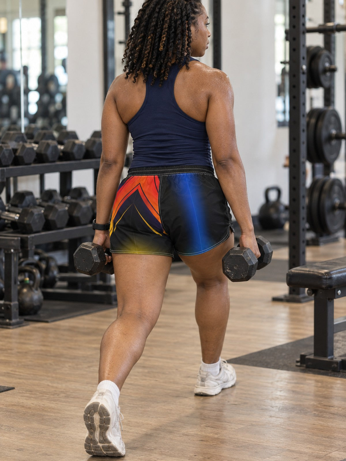 Women's Multipurpose Athletic Shorts with Pockets | Electric Sunset – gym training, rear view