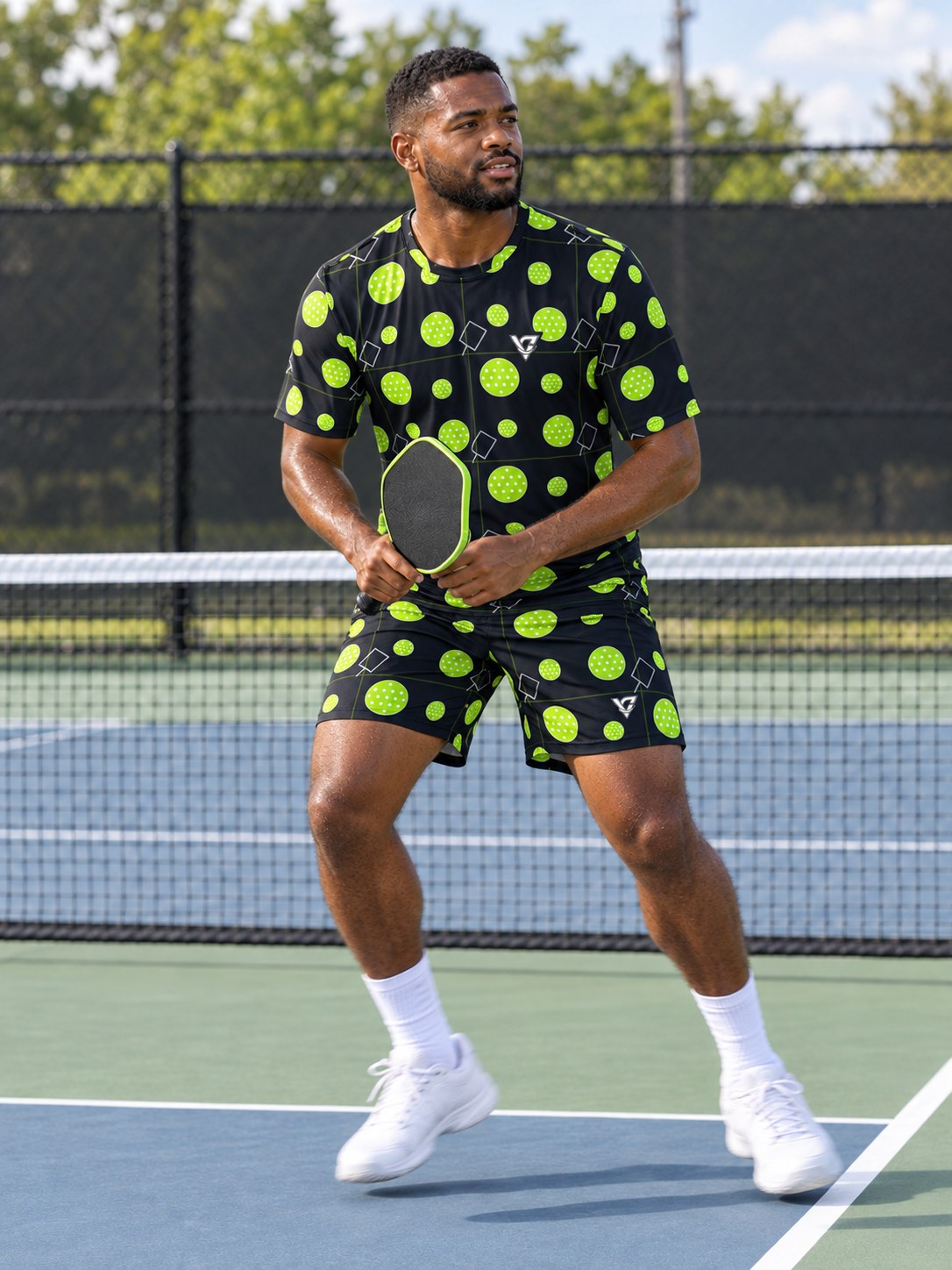 Pickleball Volt Night Dink Dot Men's Athletic Shorts with Pockets, in action