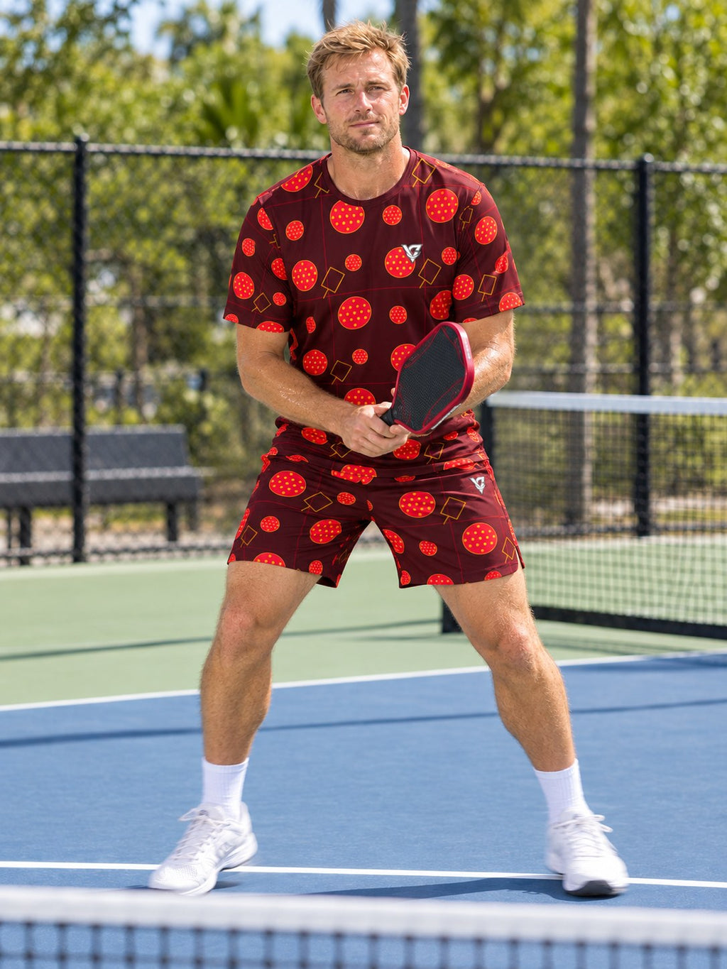 Pickleball Crimson Blaze Dink Dot Men's Athletic Shorts with Pockets, in action