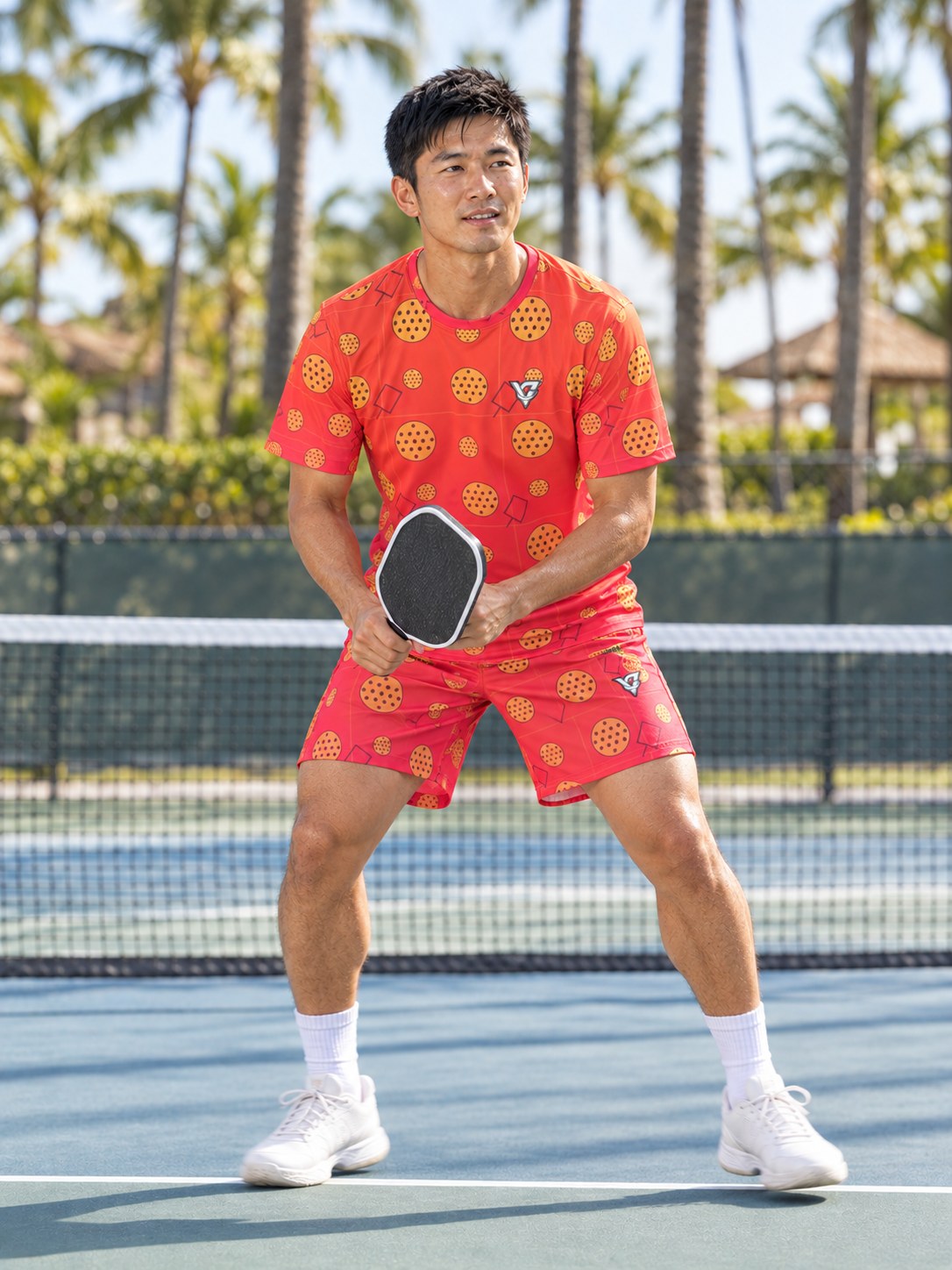 Pickleball Sunset Fade Dink Dot Men's Athletic Shorts with Pockets, in action