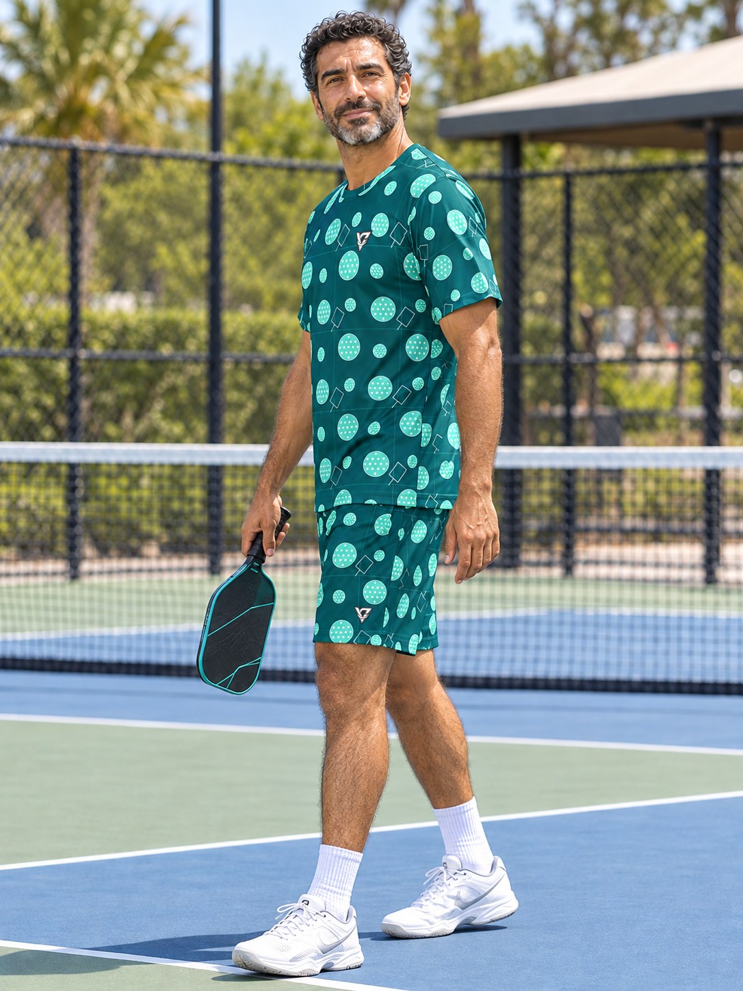 Pickleball Teal Wave Dink Dot Men's Athletic Shorts with Pockets, side view