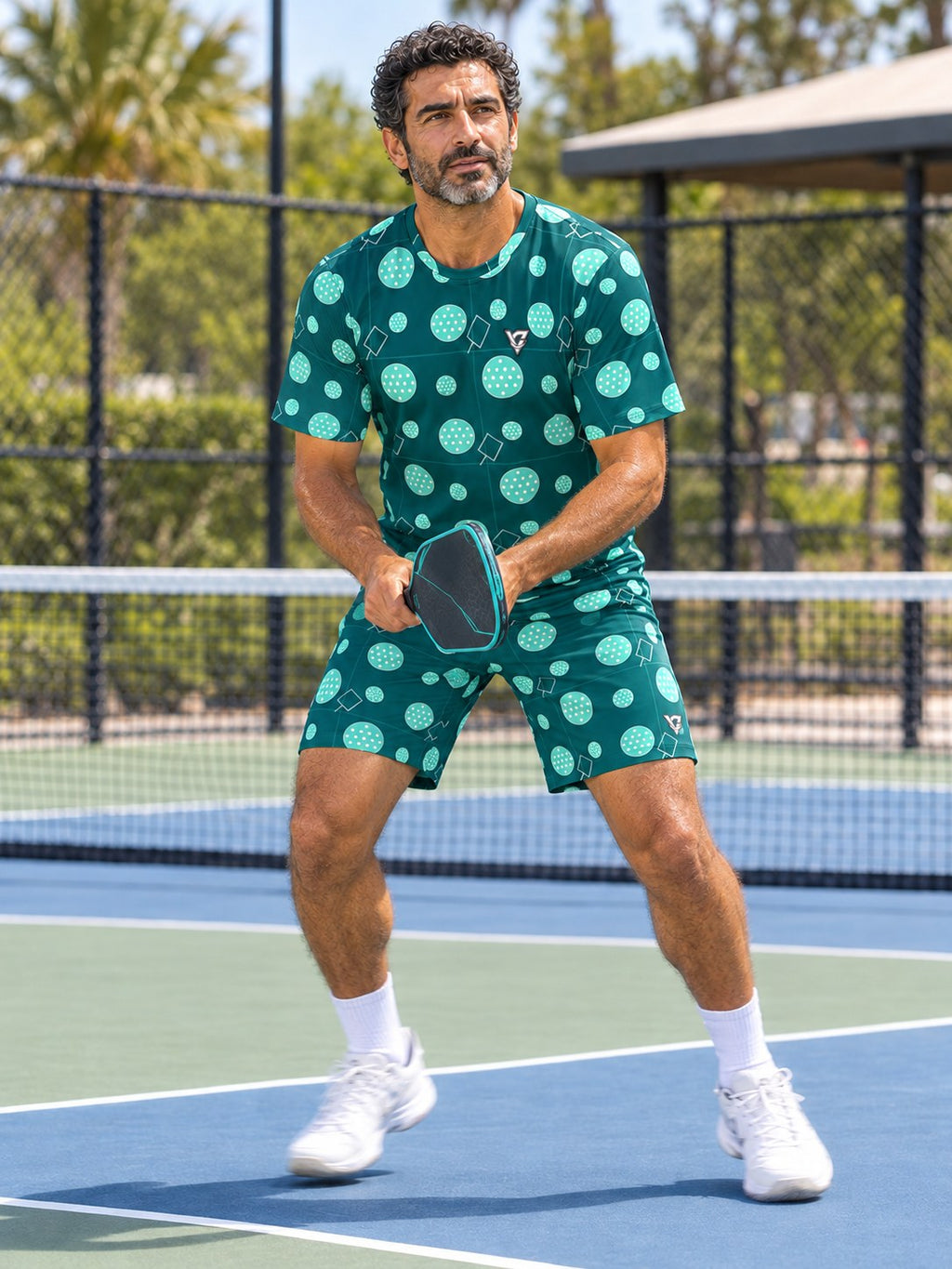 Pickleball Teal Wave Dink Dot Men's Athletic Shorts with Pockets, in action