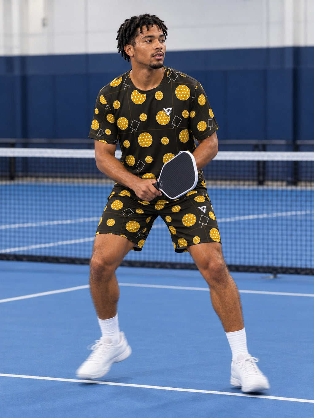 Pickleball Gold Rush Dink Dot Men's Athletic Shorts with Pockets, in action
