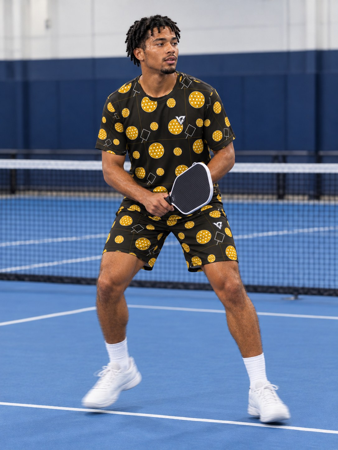 Pickleball Gold Rush Dink Dot Men's Athletic Shorts with Pockets, in action