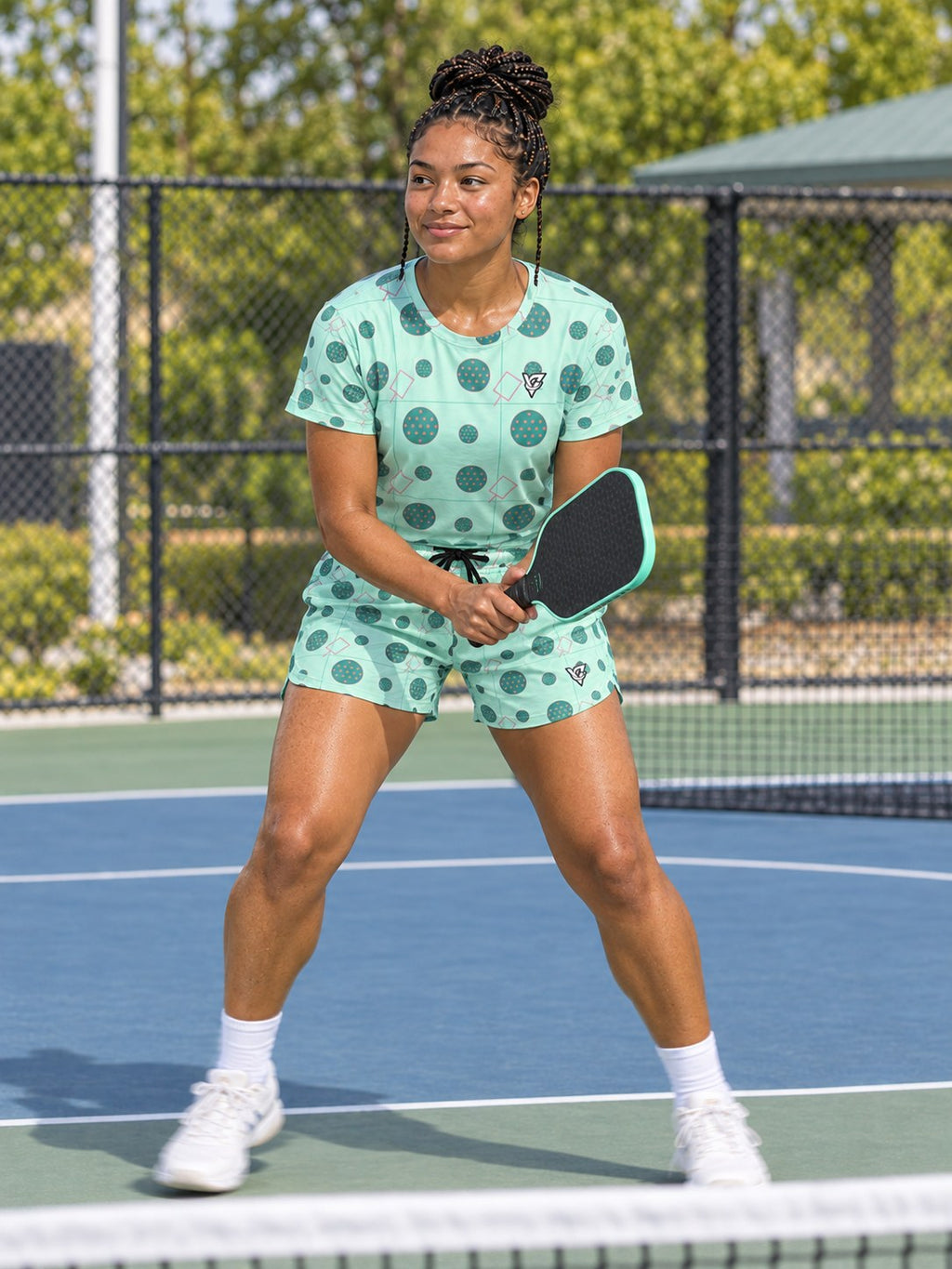 Pickleball Mint Glow Dink Dot Women's Sports Jersey, in action