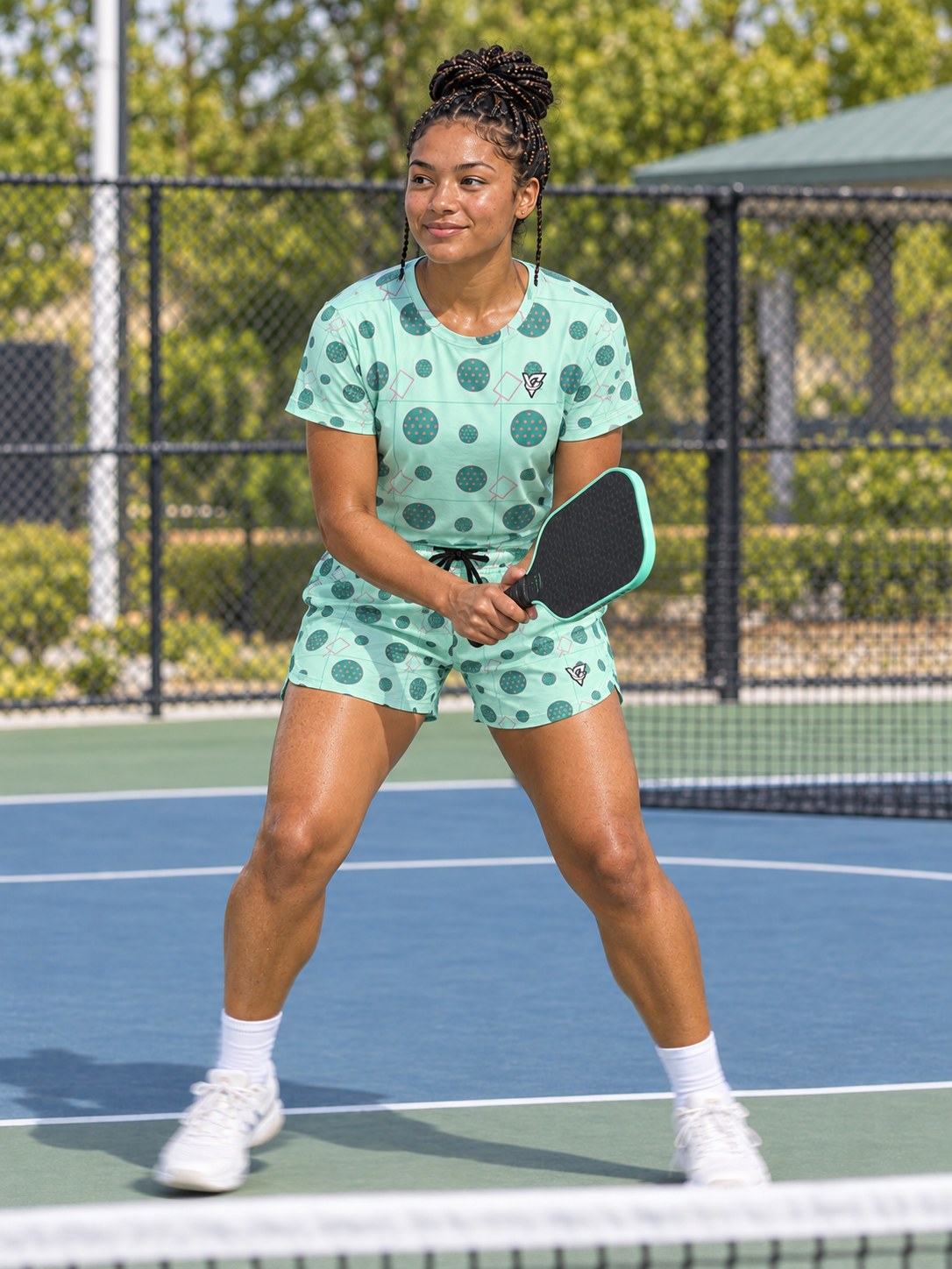 Pickleball Mint Glow Dink Dot Women's Sports Jersey, in action