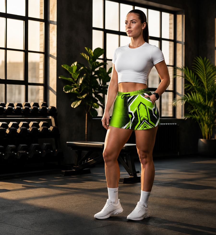Women's Multipurpose Athletic Shorts with Pockets | Neon Green Arrow