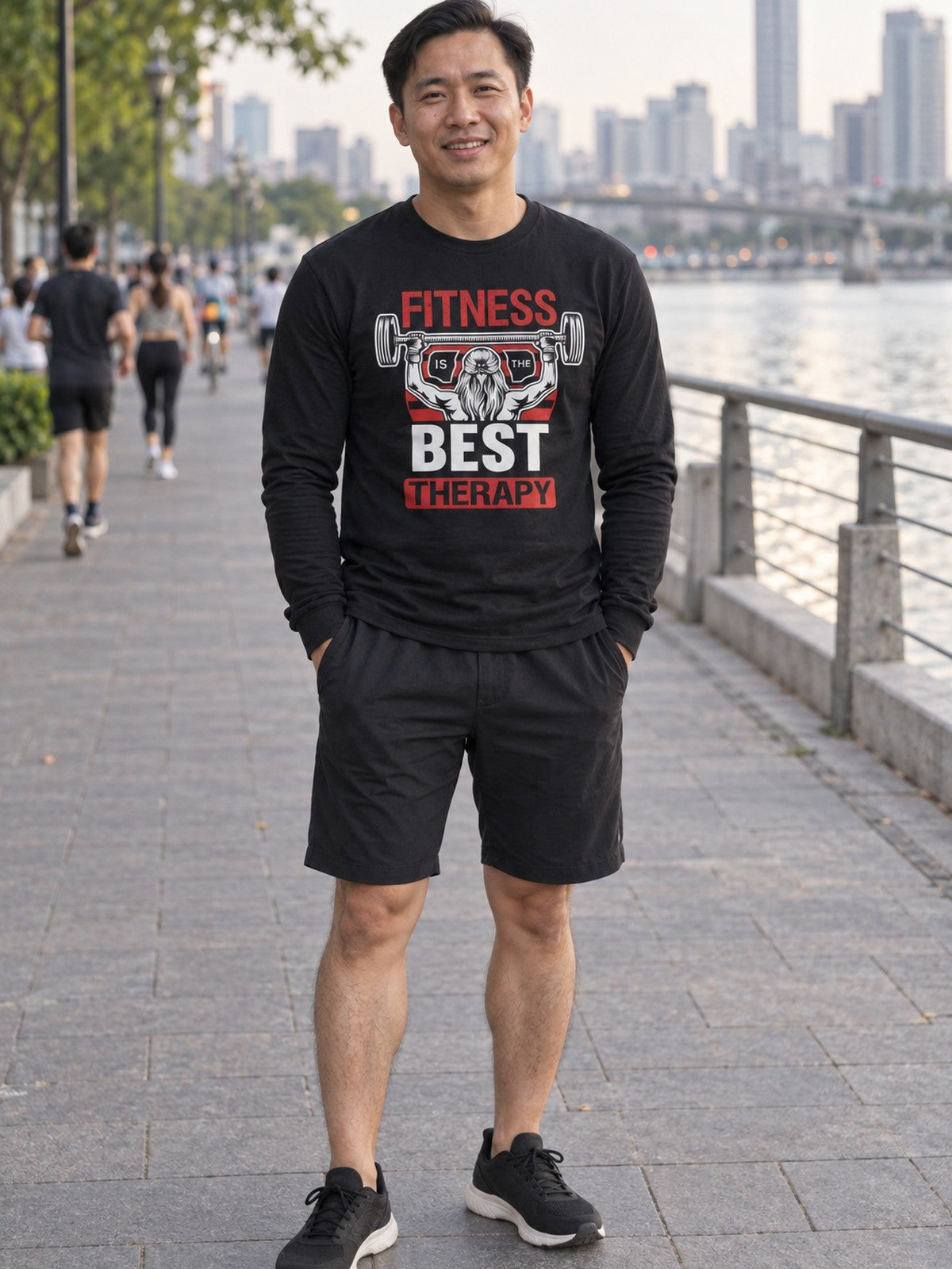 Man wearing the Vantacore Fitness Is The Best Therapy Long Sleeve Shirt