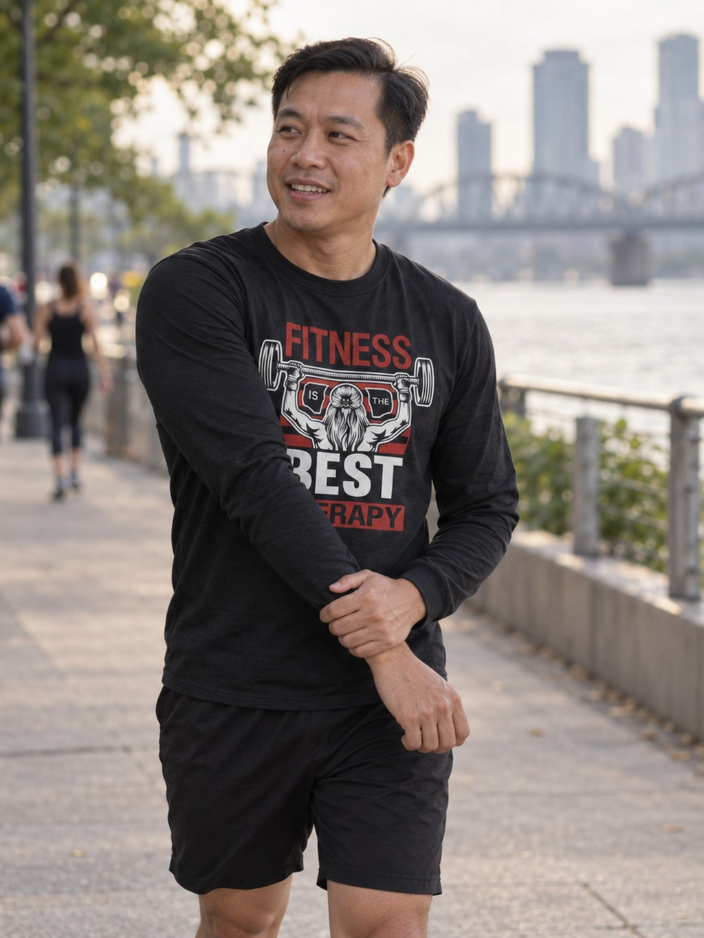Man wearing the Vantacore Fitness Is The Best Therapy Long Sleeve Shirt