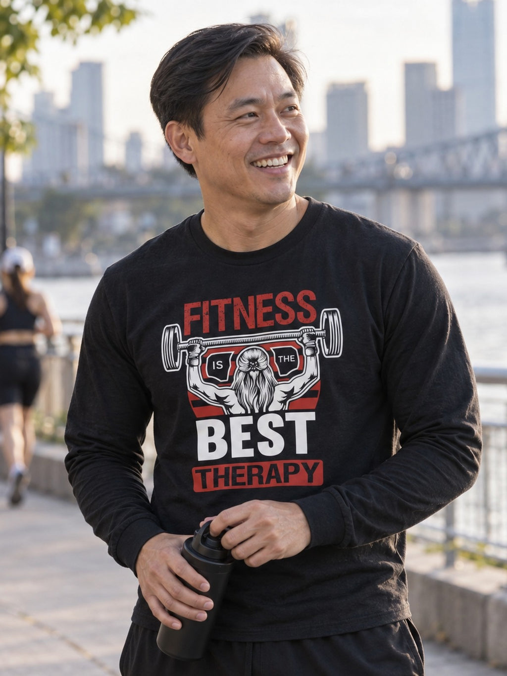 Man wearing the Vantacore Fitness Is The Best Therapy Long Sleeve Shirt