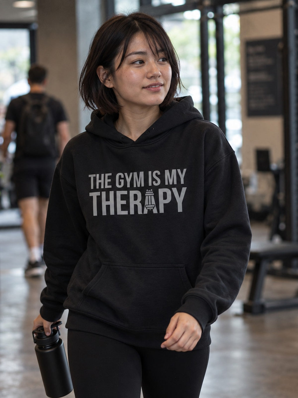 Woman wearing the Vantacore Gym Is My Therapy Hoodie