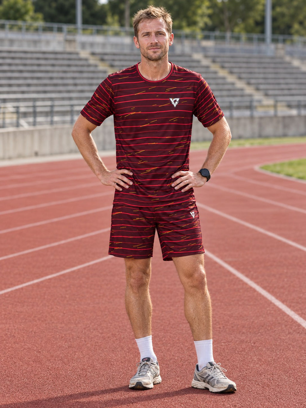 Running Crimson Blaze Pace Lanes Men's Athletic Shorts with Pockets, front view