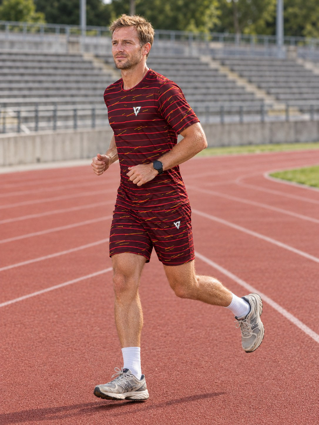 Running Crimson Blaze Pace Lanes Men's Athletic Shorts with Pockets, side view