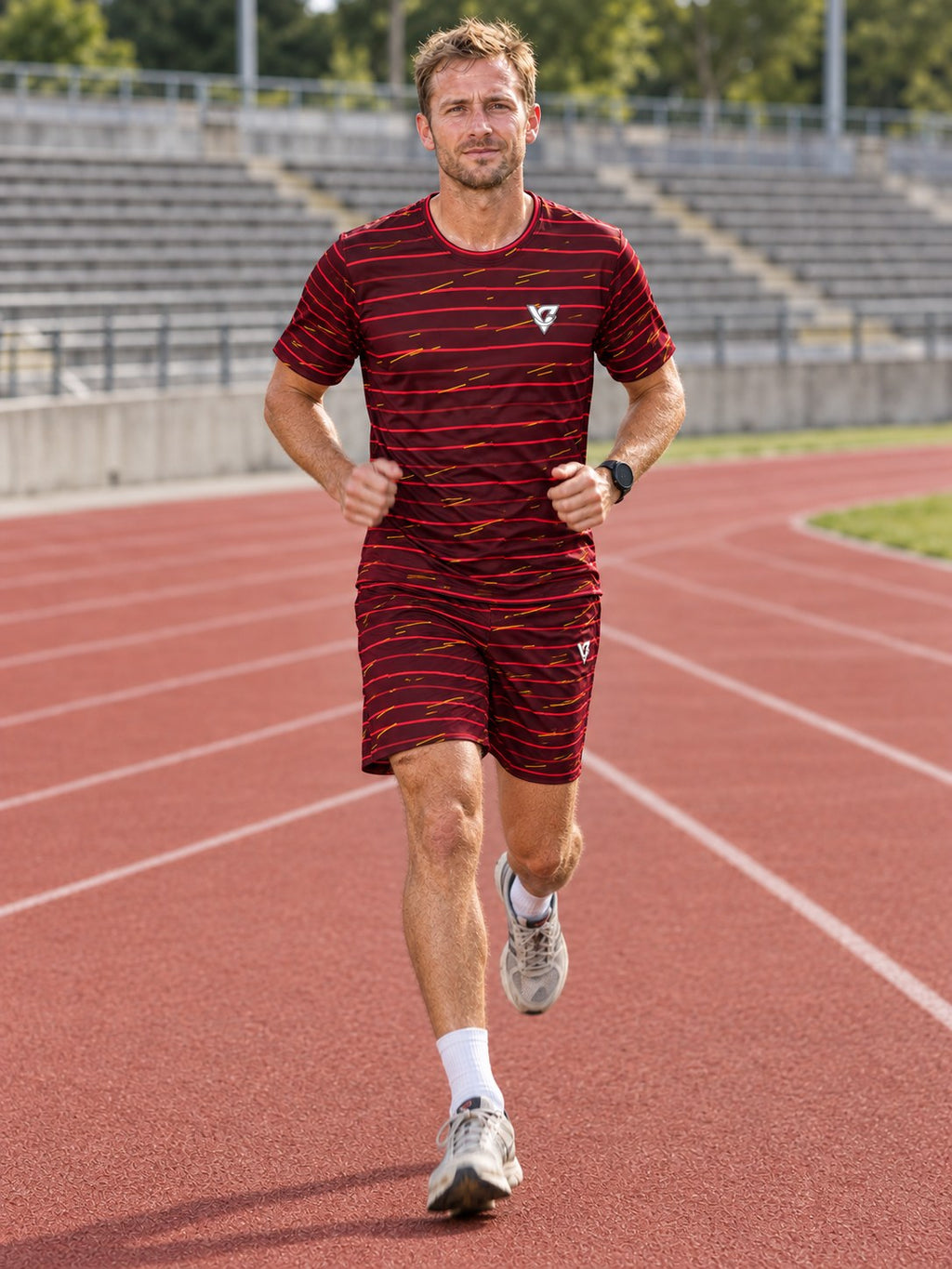 Running Crimson Blaze Pace Lanes Men's Sports Jersey, in action