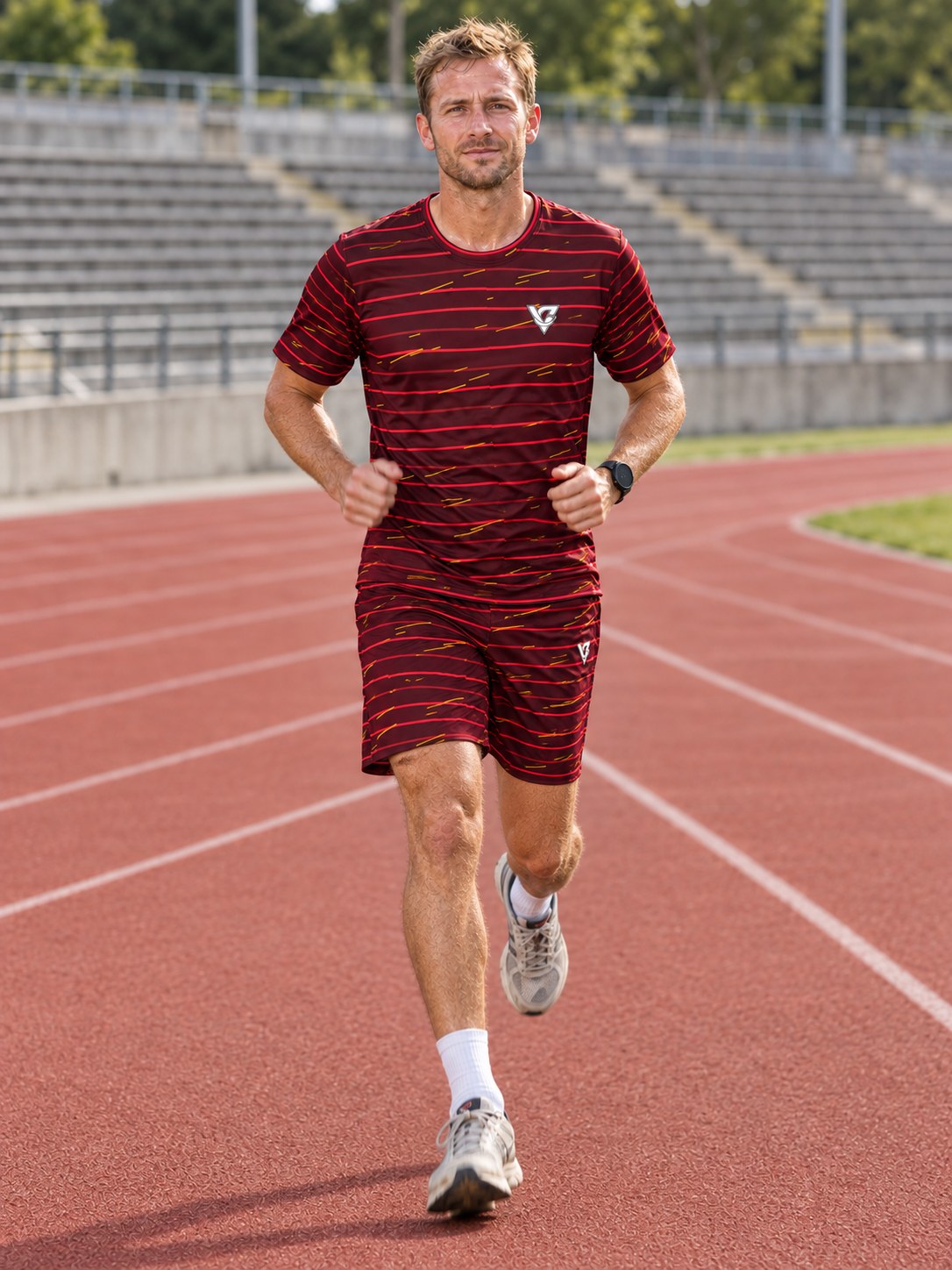Running Crimson Blaze Pace Lanes Men's Sports Jersey, in action