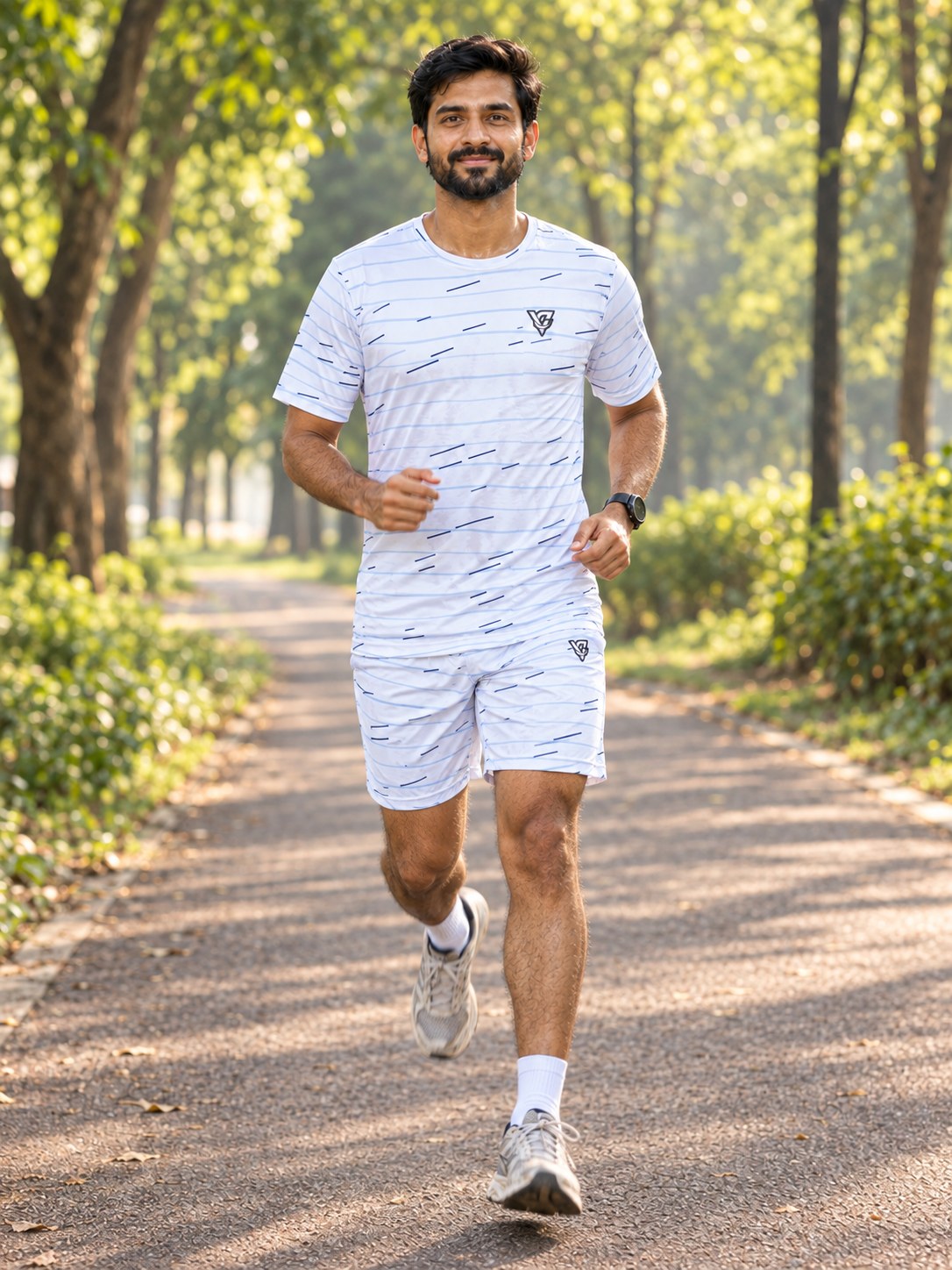 Running Arctic White Pace Lanes Men's Athletic Shorts with Pockets, in action