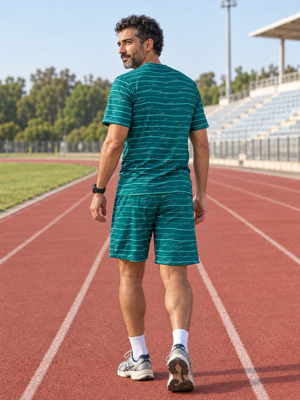 Running Teal Wave Pace Lanes Men's Athletic Shorts with Pockets, back view