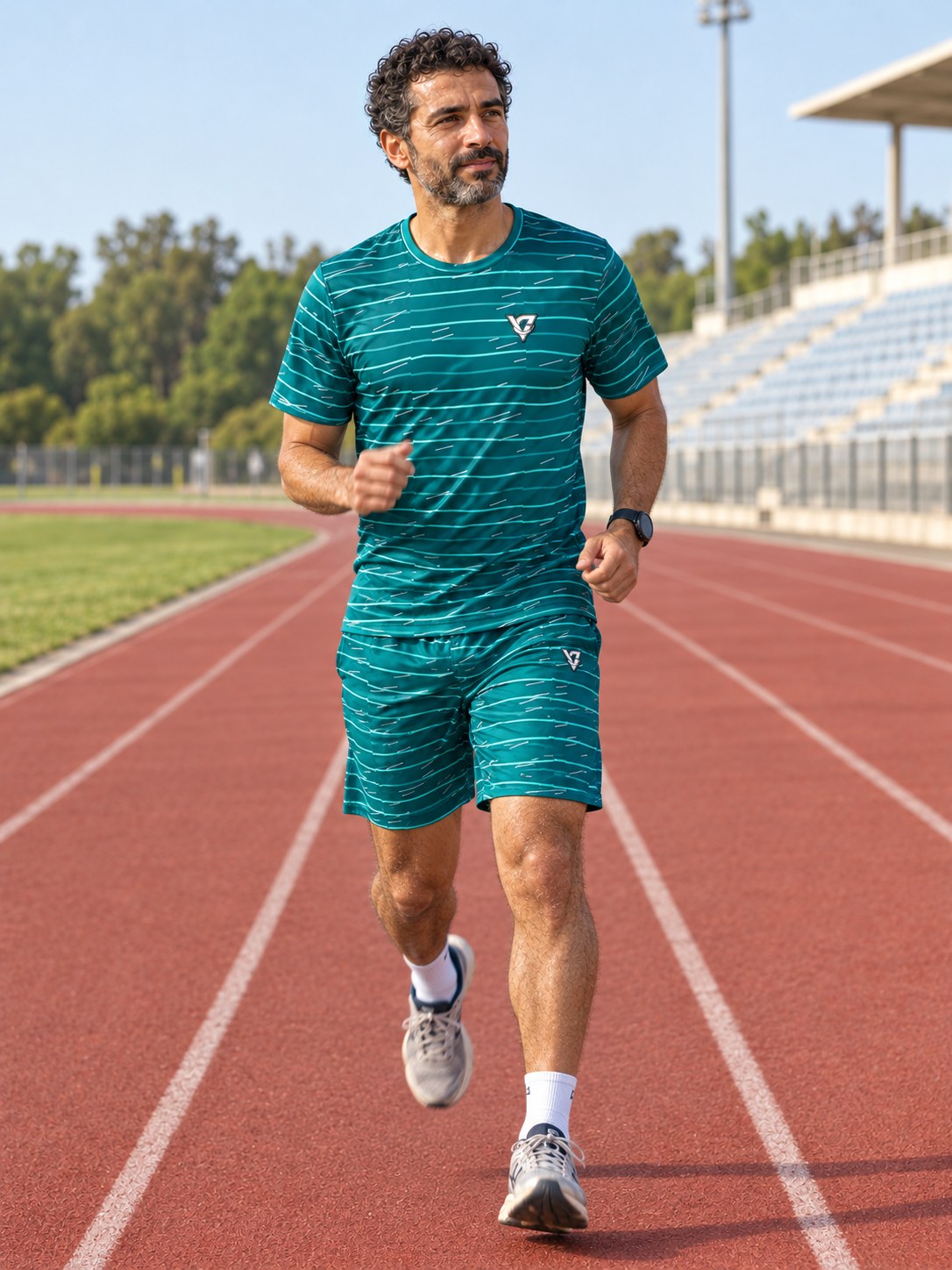 Running Teal Wave Pace Lanes Men's Athletic Shorts with Pockets, in action