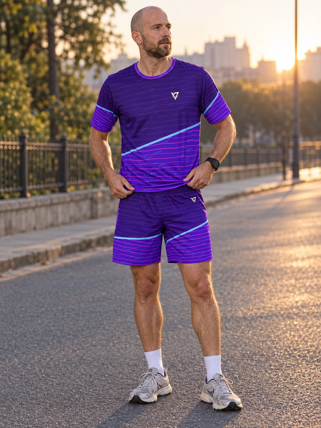 Running Ultra Violet Pace Lanes Men's Athletic Shorts with Pockets, front view